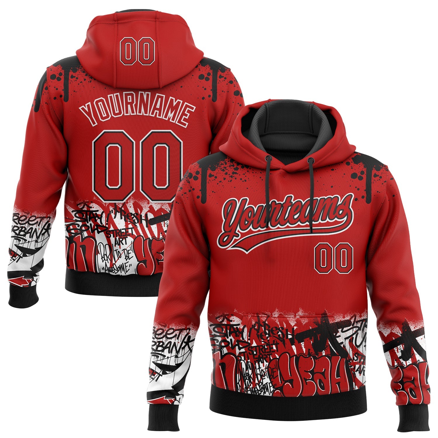 Custom Stitched Red Black-White 3D Graffiti Splash Street Art Sports Pullover Sweatshirt Hoodie - Main View