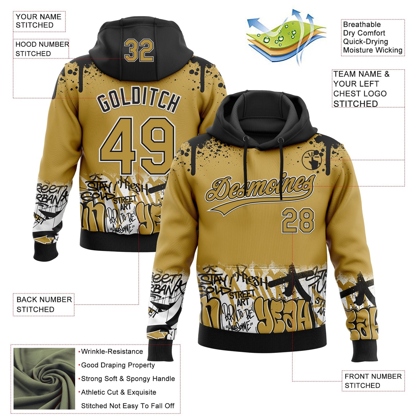 Custom Stitched Old Gold Black-White 3D Graffiti Splash Street Art Sports Pullover Sweatshirt Hoodie view 2