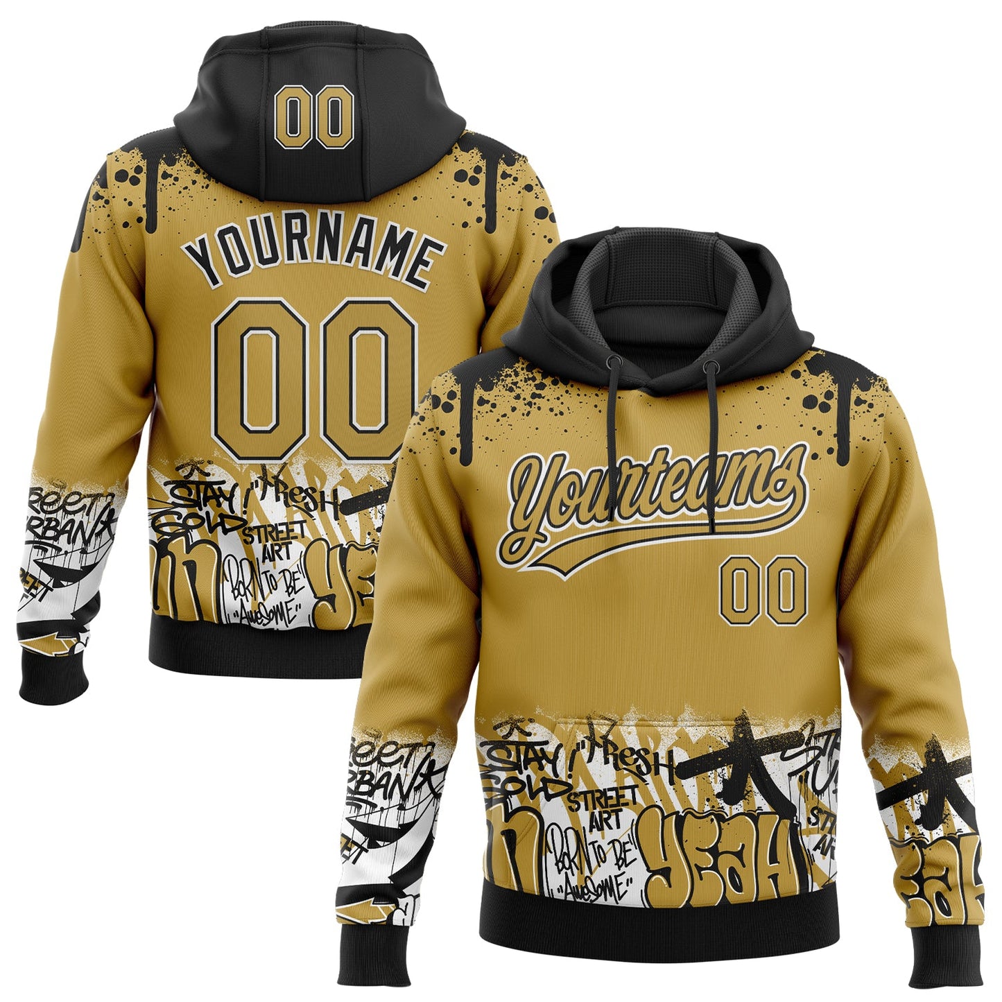 Custom Stitched Old Gold Black-White 3D Graffiti Splash Street Art Sports Pullover Sweatshirt Hoodie - Main View