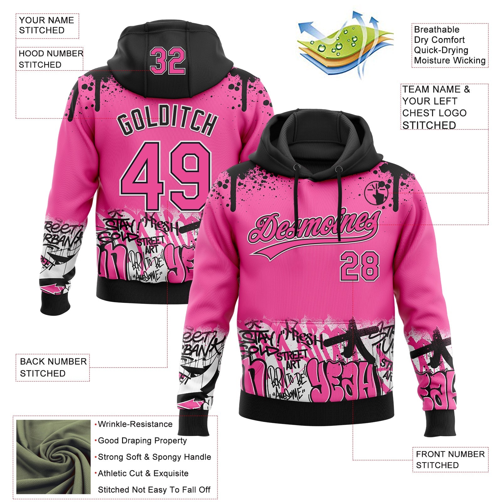 Custom Stitched Pink Black-White 3D Graffiti Splash Street Art Sports Pullover Sweatshirt Hoodie view 2