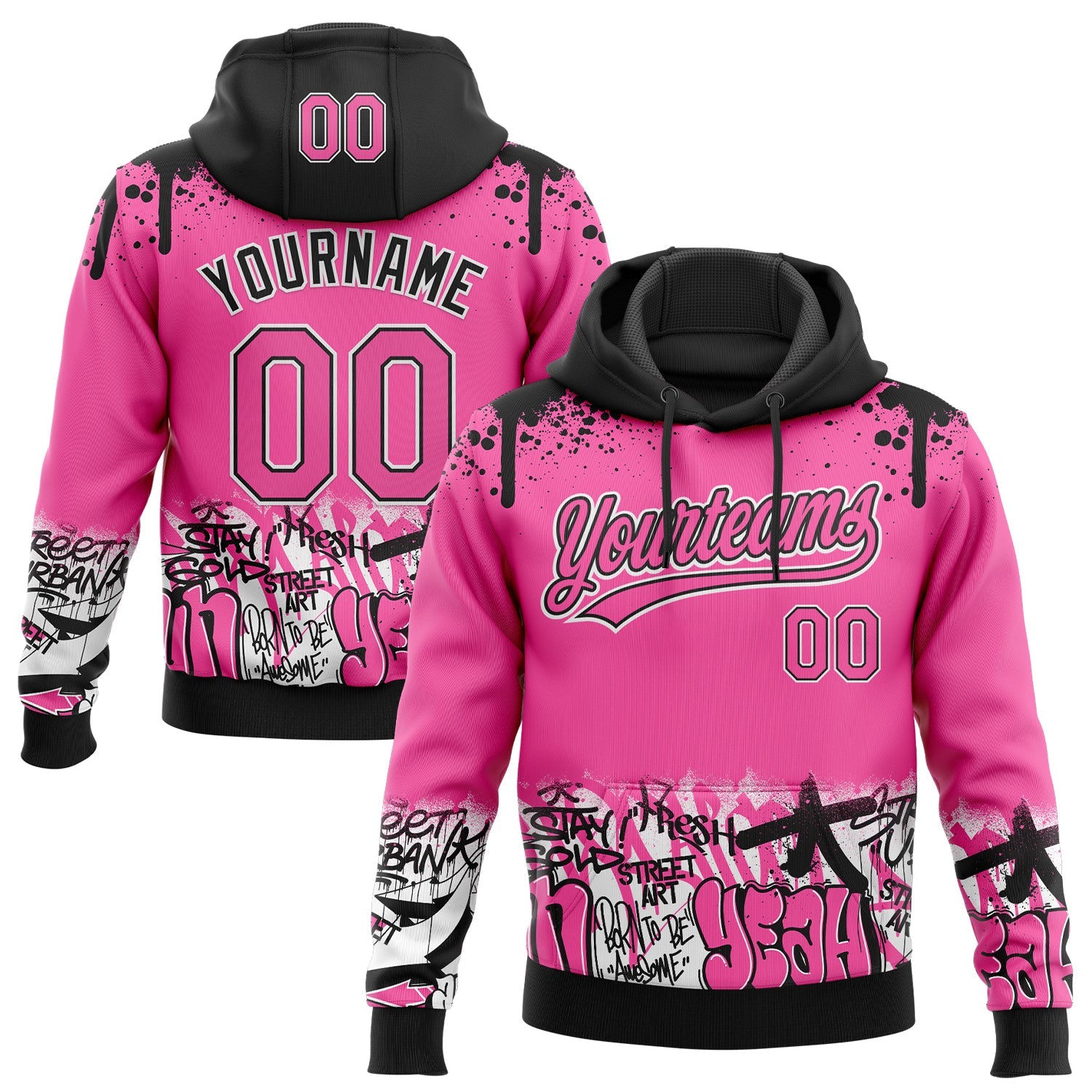 Custom Stitched Pink Black-White 3D Graffiti Splash Street Art Sports Pullover Sweatshirt Hoodie - Main View