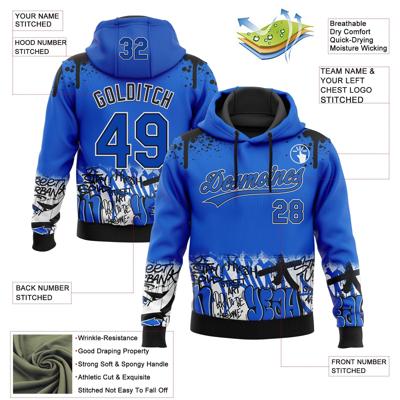 Custom Stitched Thunder Blue Black-White 3D Graffiti Splash Street Art Sports Pullover Sweatshirt Hoodie view 2