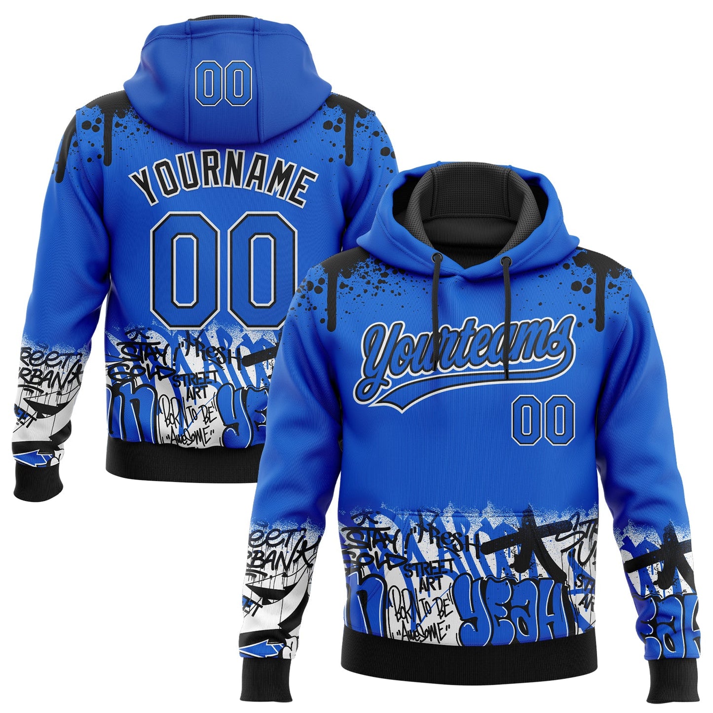 Custom Stitched Thunder Blue Black-White 3D Graffiti Splash Street Art Sports Pullover Sweatshirt Hoodie - Main View
