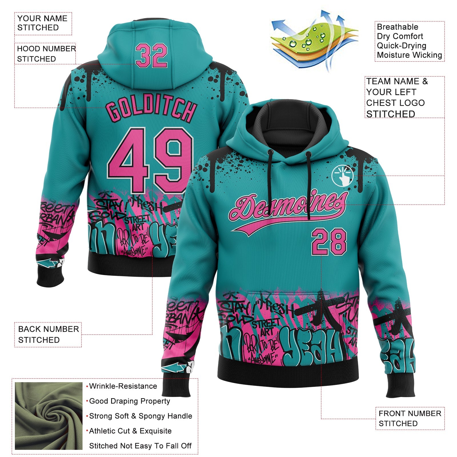 Custom Stitched Teal Pink Black-White 3D Graffiti Splash Street Art Sports Pullover Sweatshirt Hoodie view 2
