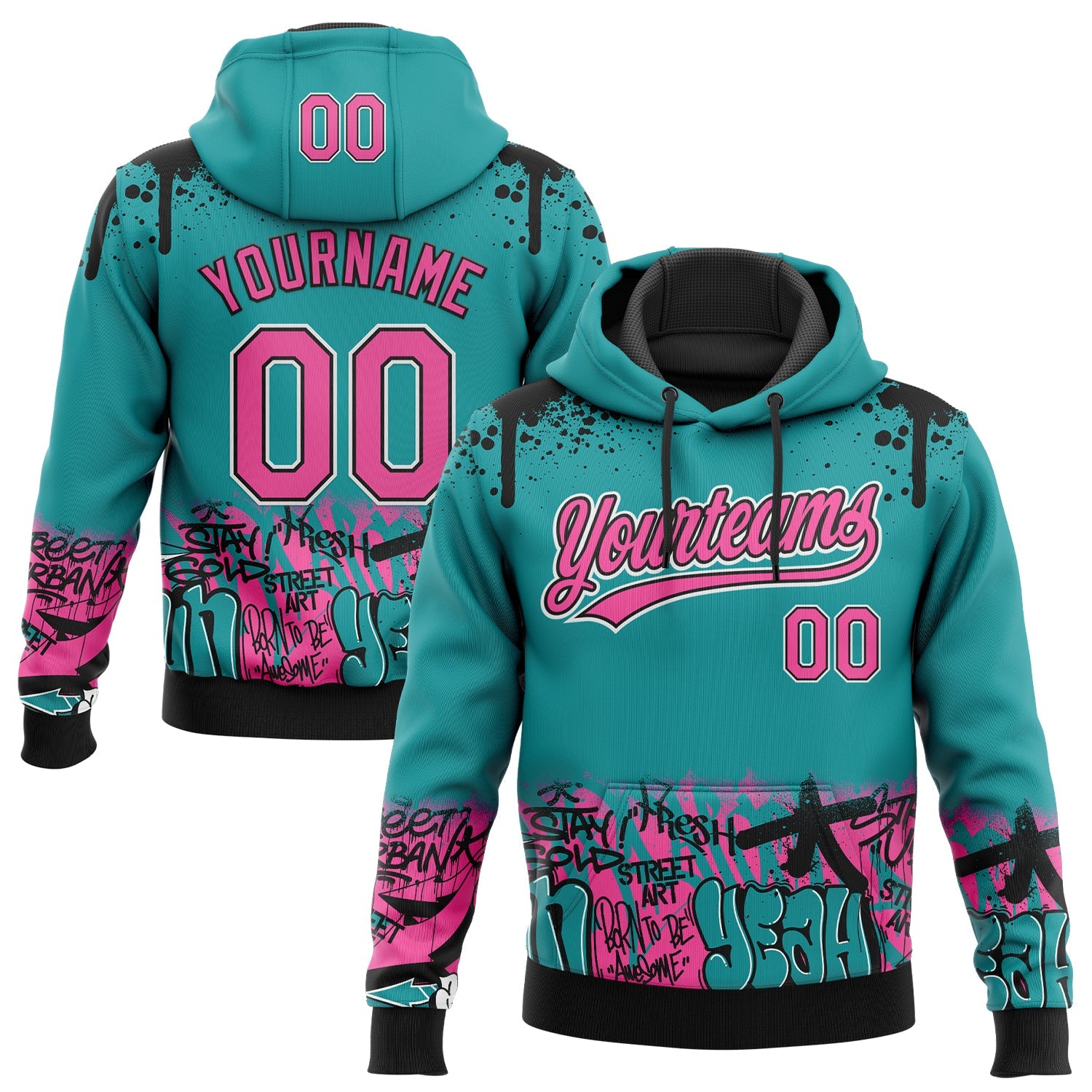 Custom Stitched Teal Pink Black-White 3D Graffiti Splash Street Art Sports Pullover Sweatshirt Hoodie - Main View