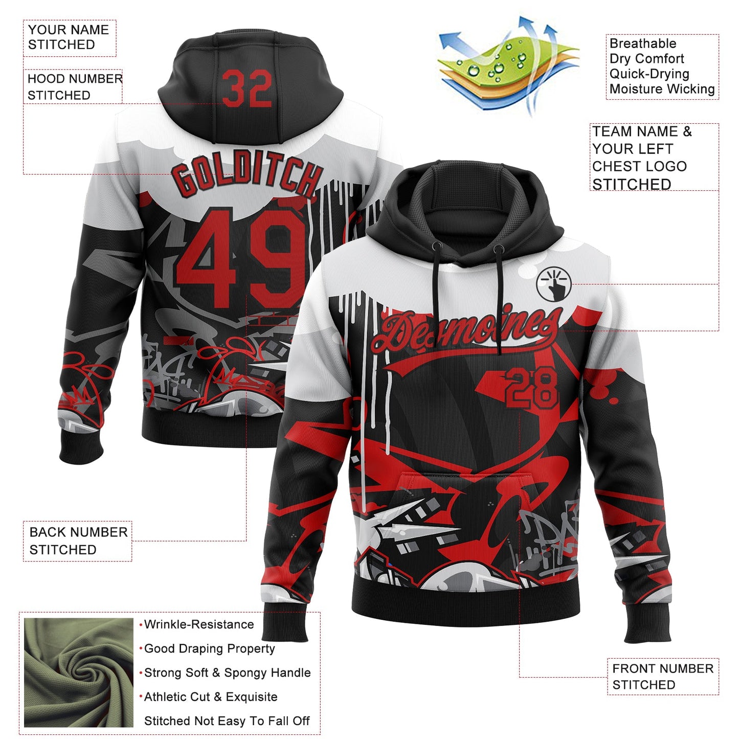 Custom Stitched Black Red Gray-White 3D Graffiti Splash Street Art Sports Pullover Sweatshirt Hoodie view 2