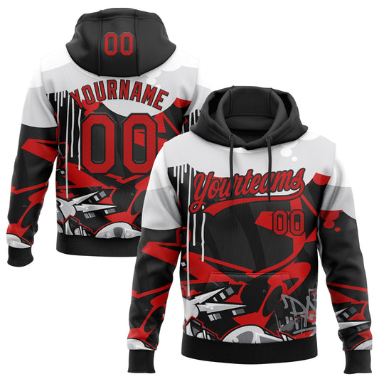 Custom Stitched Black Red Gray-White 3D Graffiti Splash Street Art Sports Pullover Sweatshirt Hoodie - Main View