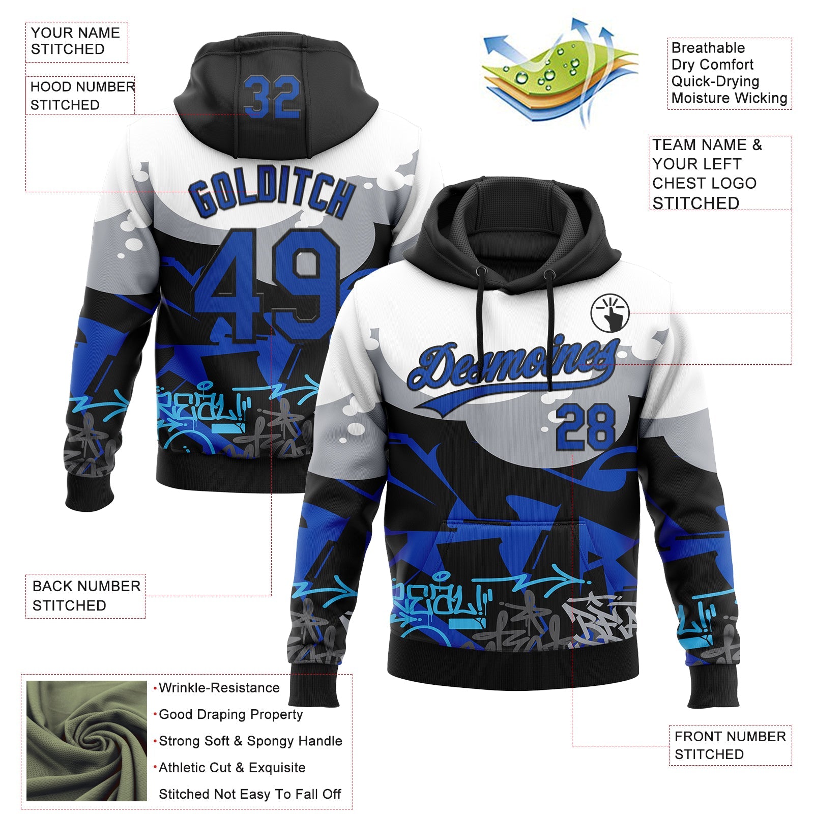 Custom Stitched Black Thunder Blue Gray-White 3D Graffiti Splash Street Art Sports Pullover Sweatshirt Hoodie view 2