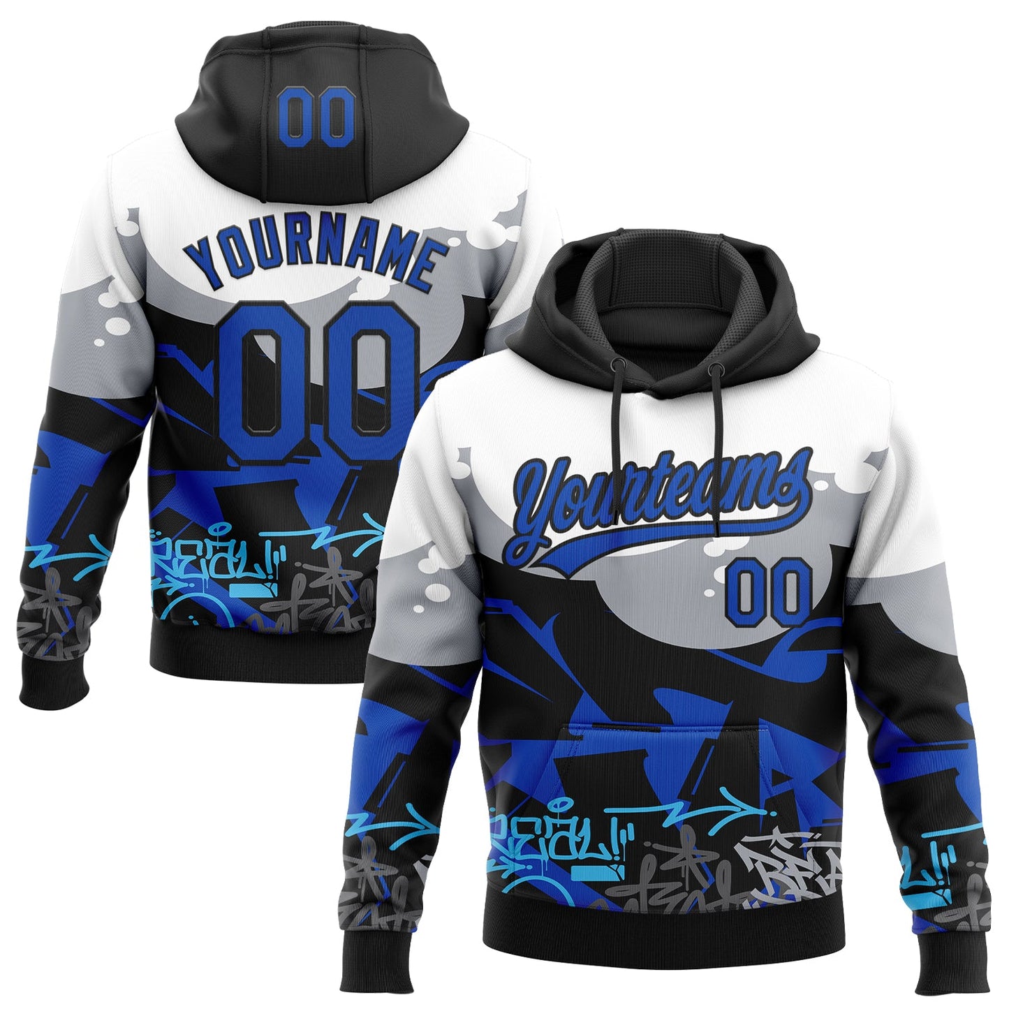 Custom Stitched Black Thunder Blue Gray-White 3D Graffiti Splash Street Art Sports Pullover Sweatshirt Hoodie - Main View