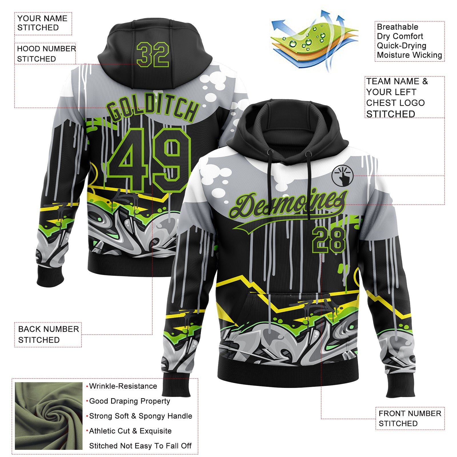 Custom Stitched Black Gray Neon Green Yellow-White 3D Graffiti Splash Street Art Sports Pullover Sweatshirt Hoodie view 2