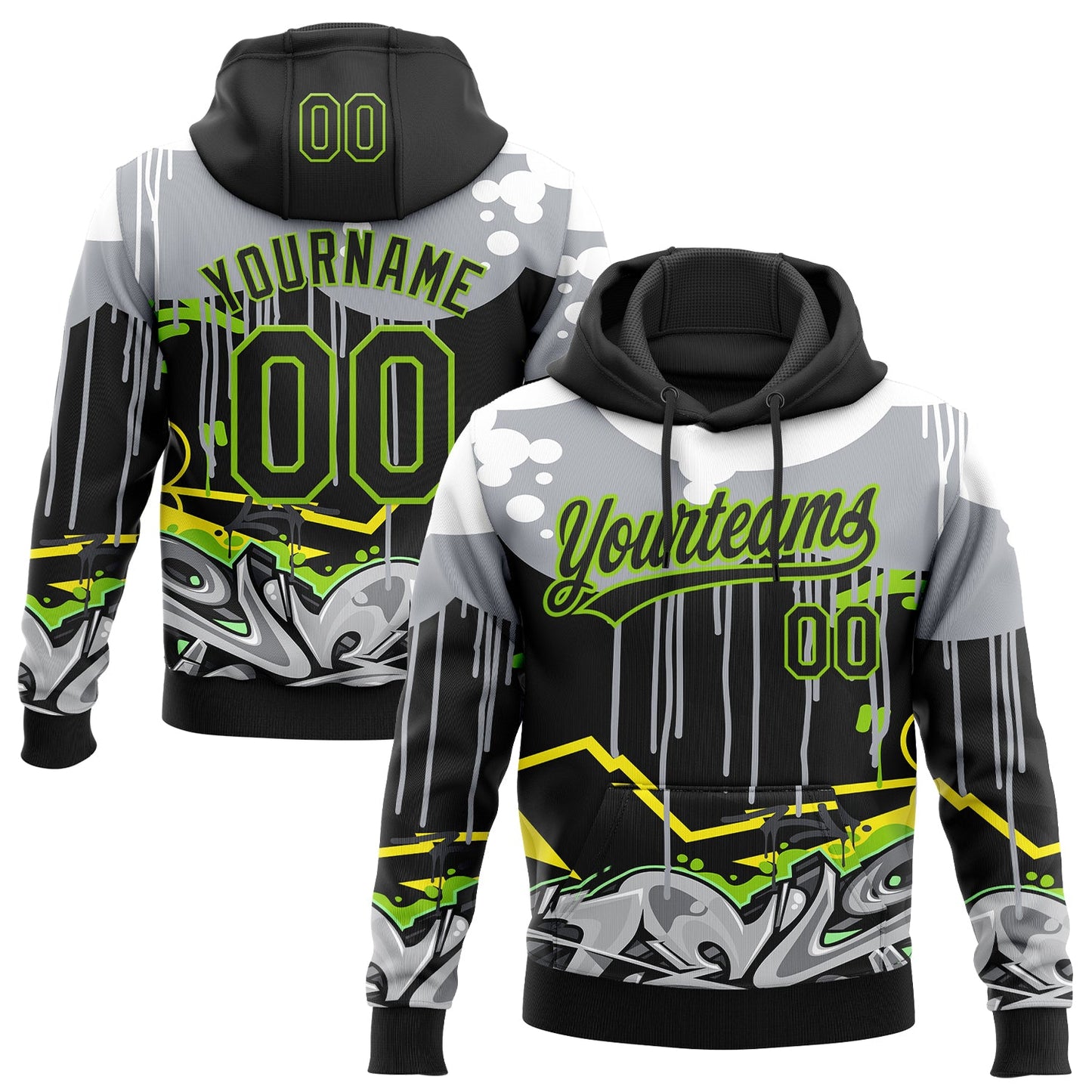 Custom Stitched Black Gray Neon Green Yellow-White 3D Graffiti Splash Street Art Sports Pullover Sweatshirt Hoodie - Main View