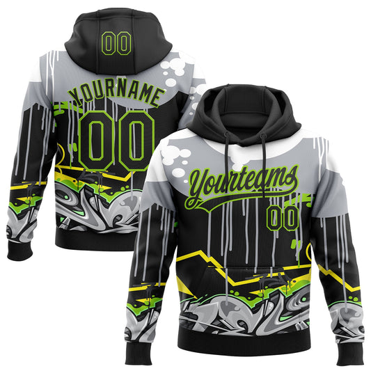 Custom Stitched Black Gray Neon Green Yellow-White 3D Graffiti Splash Street Art Sports Pullover Sweatshirt Hoodie - Main View