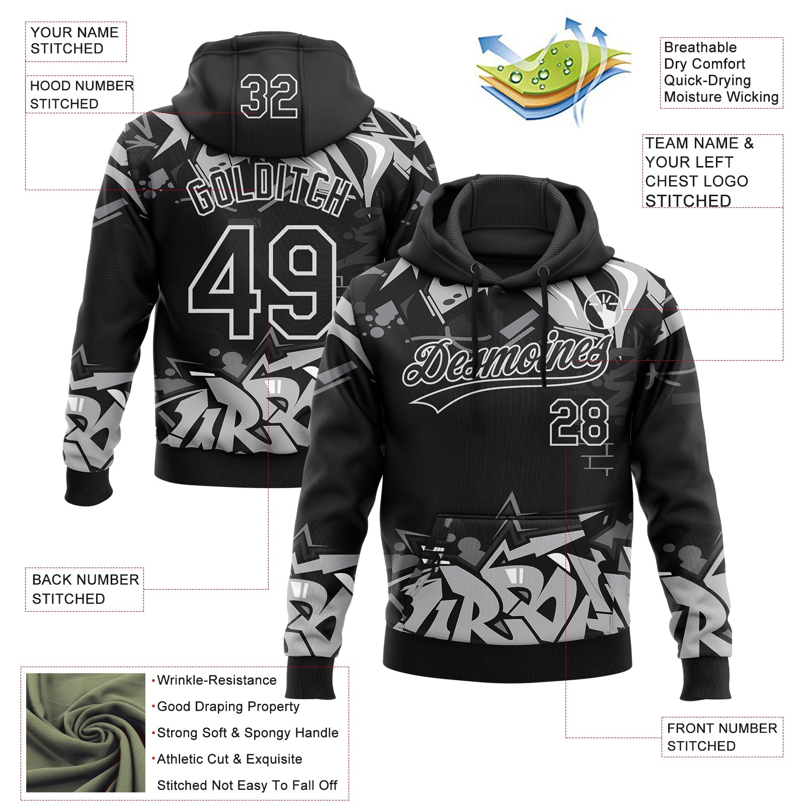 Custom Stitched Black Gray-White 3D Graffiti Splash Street Art Sports Pullover Sweatshirt Hoodie view 2