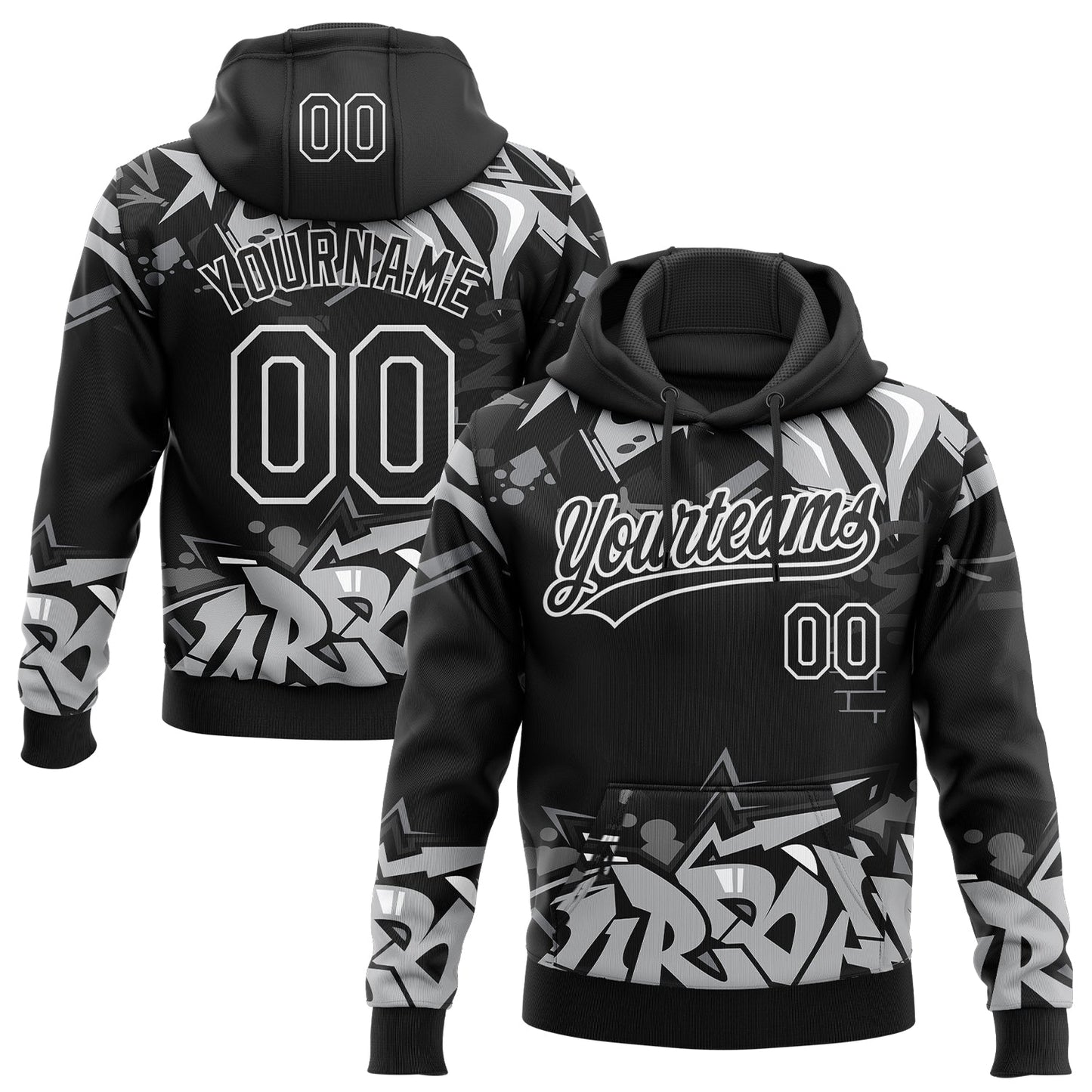 Custom Stitched Black Gray-White 3D Graffiti Splash Street Art Sports Pullover Sweatshirt Hoodie - Main View
