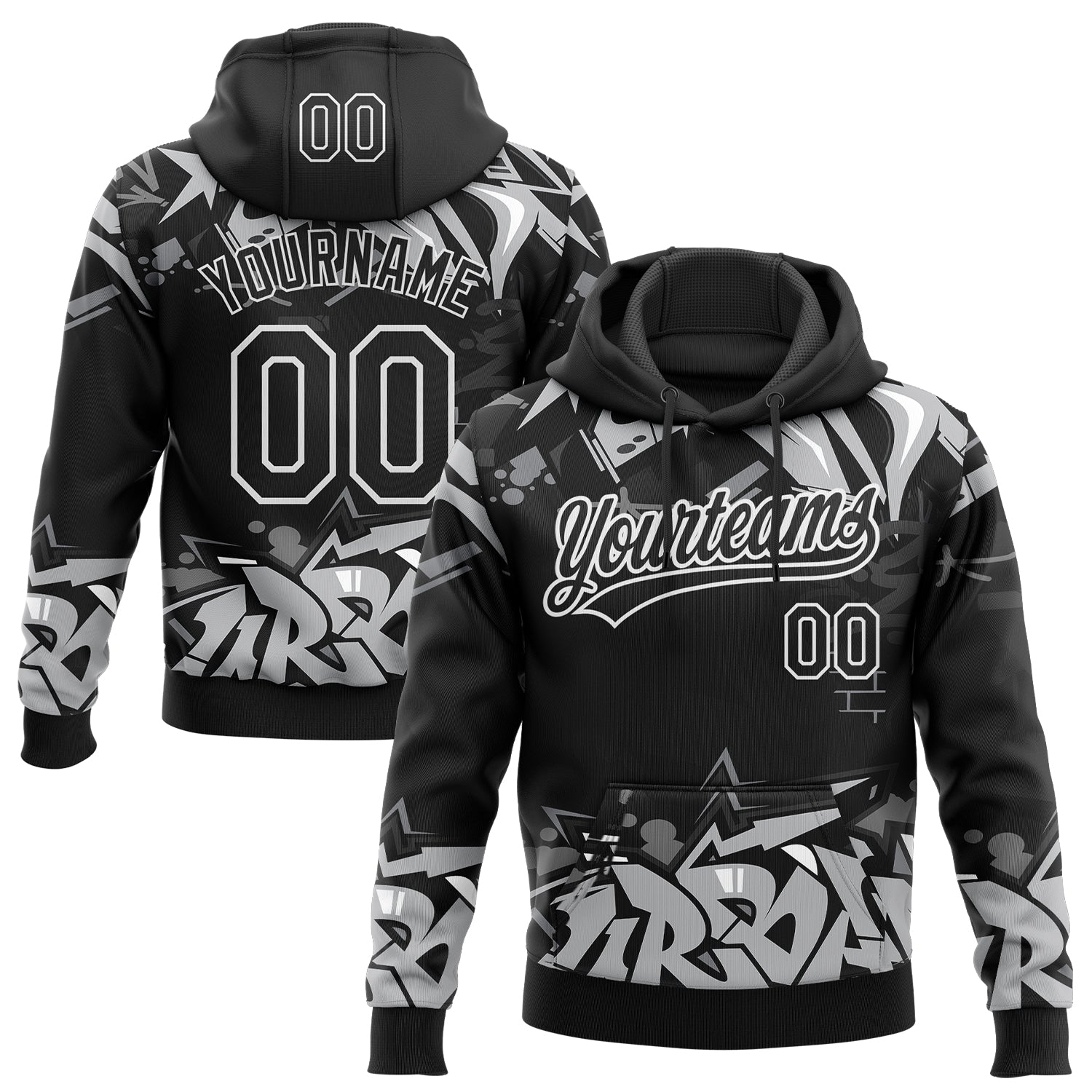 Custom Stitched Black Gray-White 3D Graffiti Splash Street Art Sports Pullover Sweatshirt Hoodie - Main View