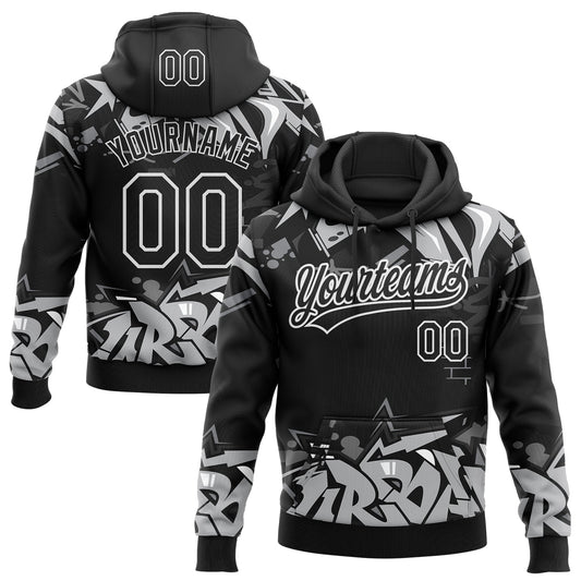 Custom Stitched Black Gray-White 3D Graffiti Splash Street Art Sports Pullover Sweatshirt Hoodie - Main View