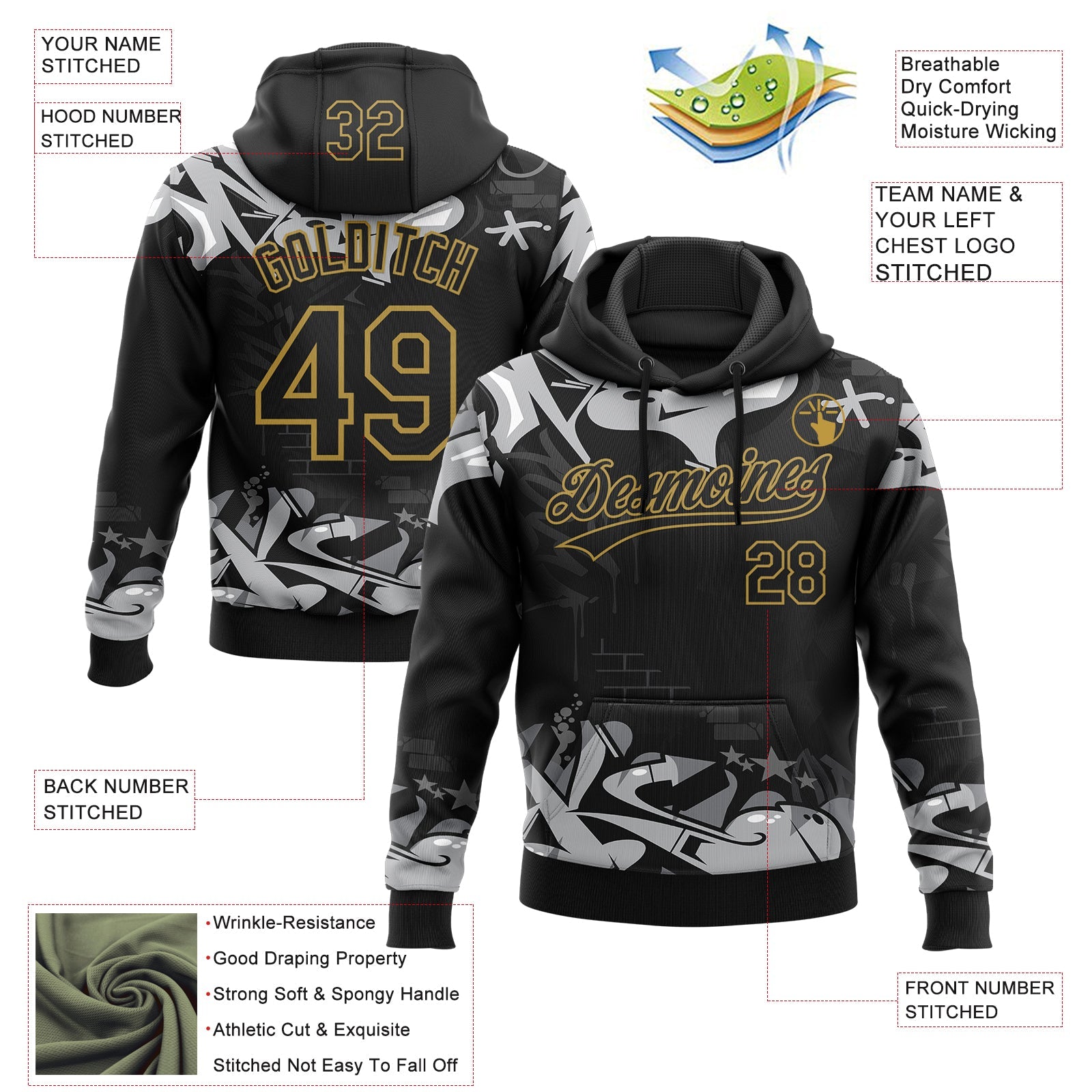 Custom Stitched Black Gray Old Gold-White 3D Graffiti Splash Street Art Sports Pullover Sweatshirt Hoodie view 2