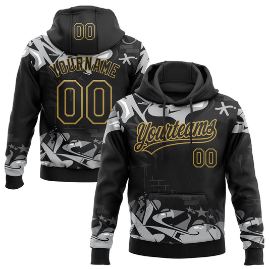 Custom Stitched Black Gray Old Gold-White 3D Graffiti Splash Street Art Sports Pullover Sweatshirt Hoodie - Main View