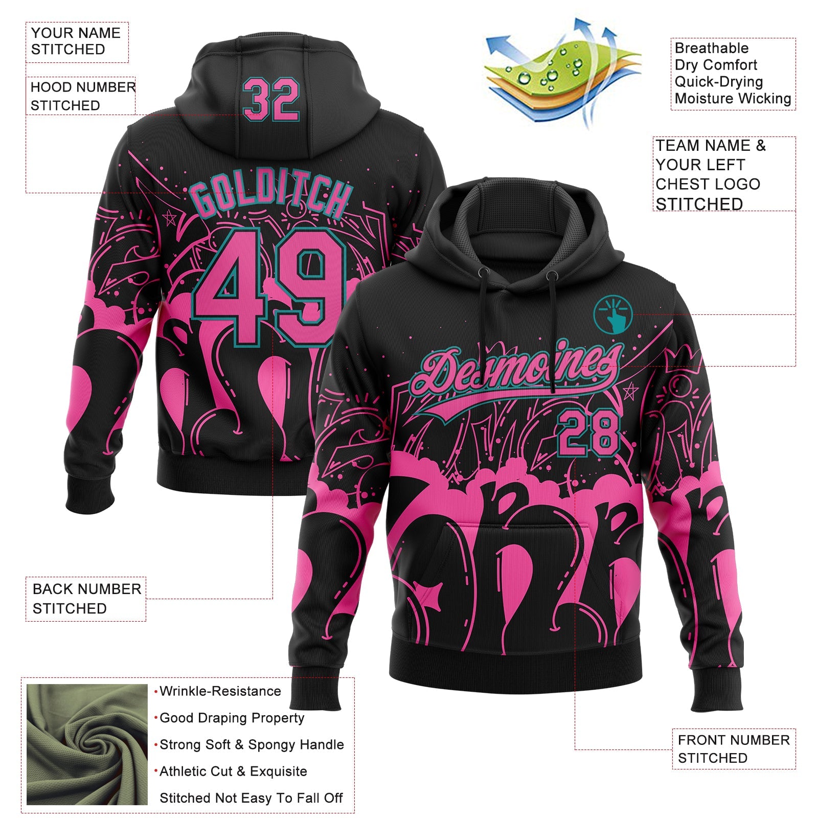 Custom Stitched Black Pink-Teal 3D Graffiti Splash Street Art Sports Pullover Sweatshirt Hoodie view 2
