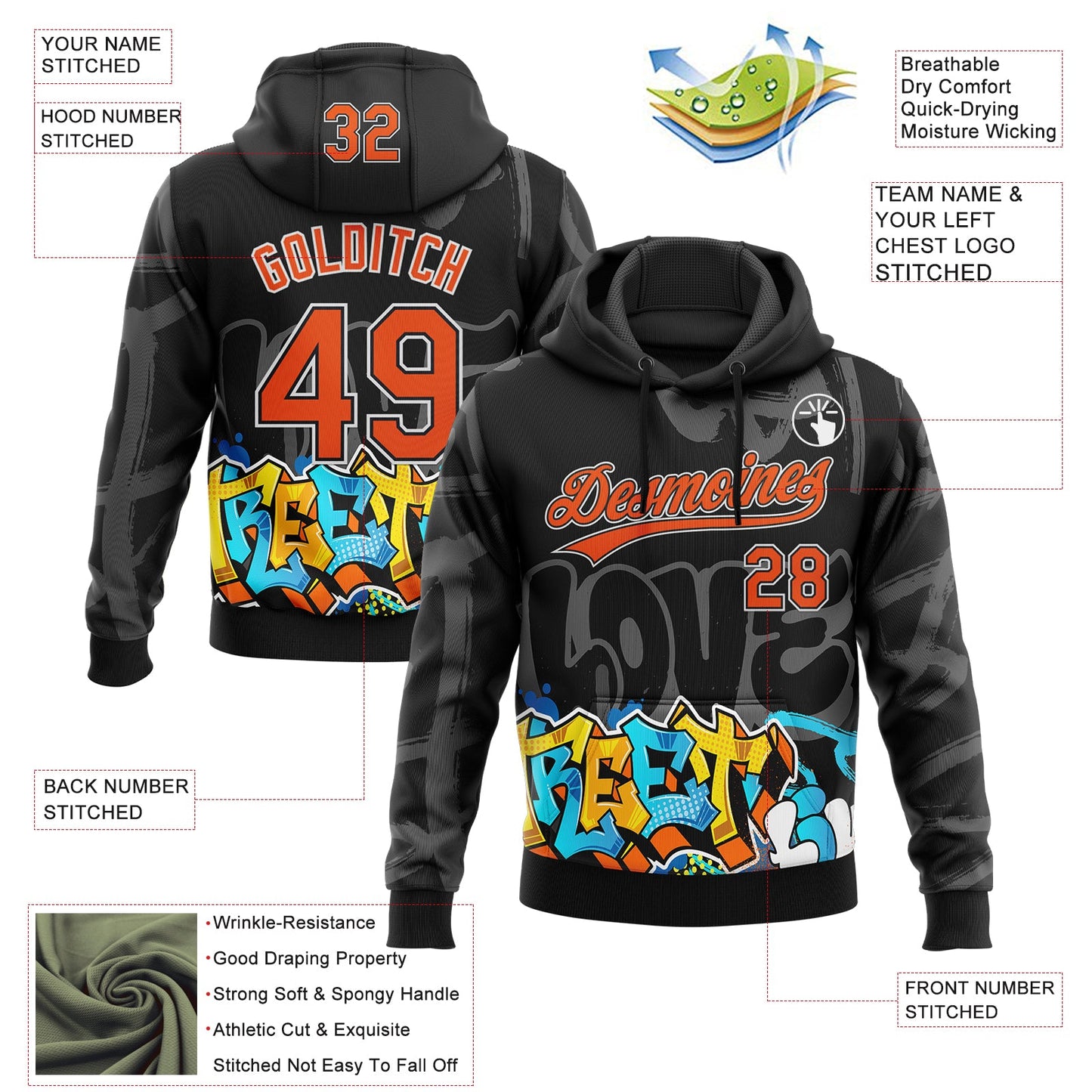 Custom Stitched Black Orange Gray-White 3D Graffiti Splash Street Art Sports Pullover Sweatshirt Hoodie view 2