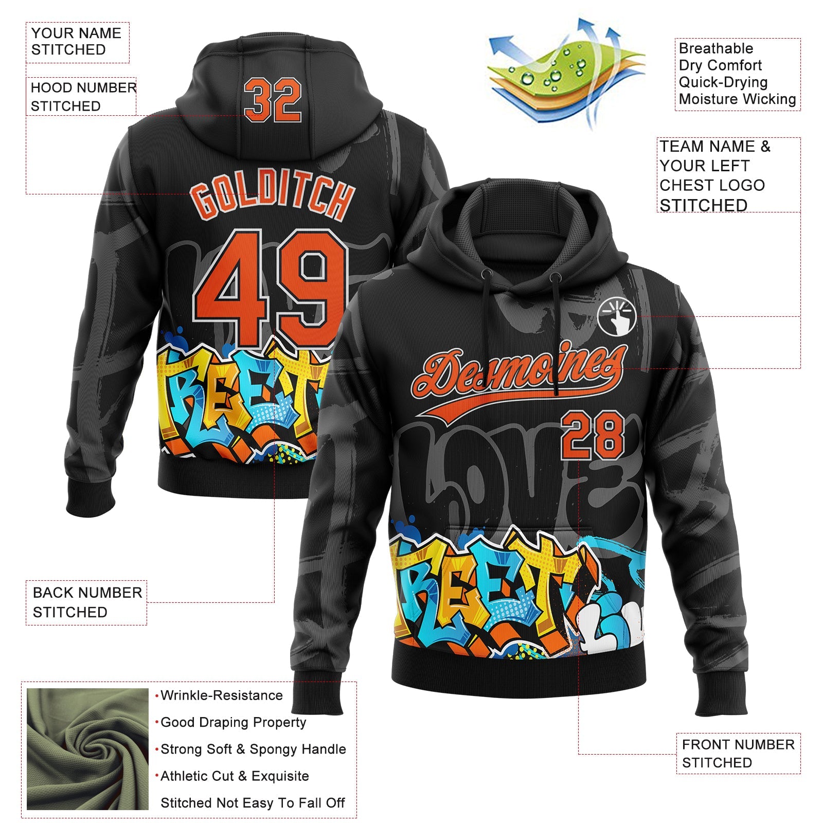 Custom Stitched Black Orange Gray-White 3D Graffiti Splash Street Art Sports Pullover Sweatshirt Hoodie view 2