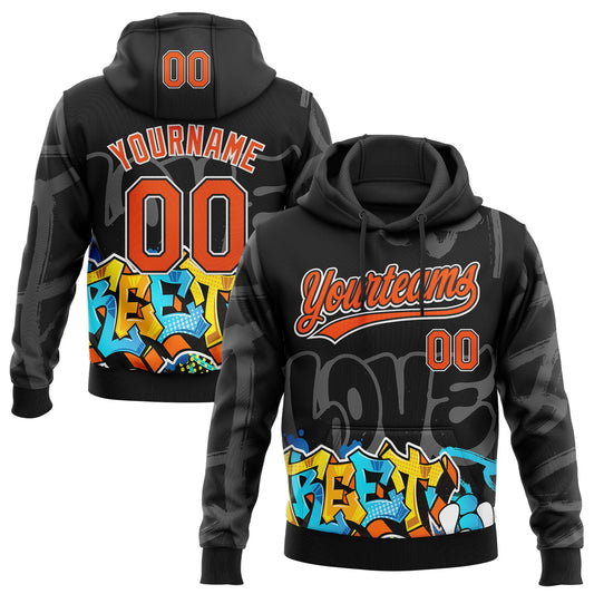 Custom Stitched Black Orange Gray-White 3D Graffiti Splash Street Art Sports Pullover Sweatshirt Hoodie - Main View