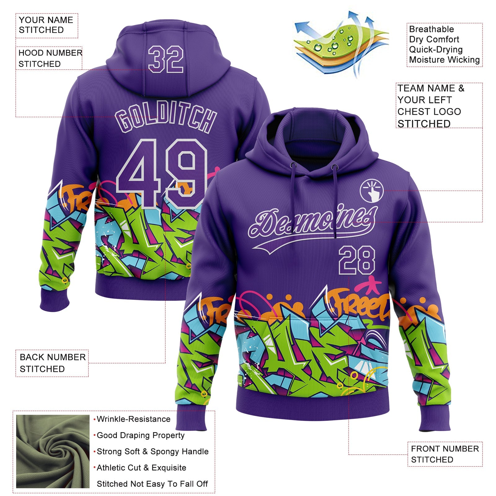 Custom Stitched Purple White 3D Graffiti Splash Street Art Sports Pullover Sweatshirt Hoodie view 2