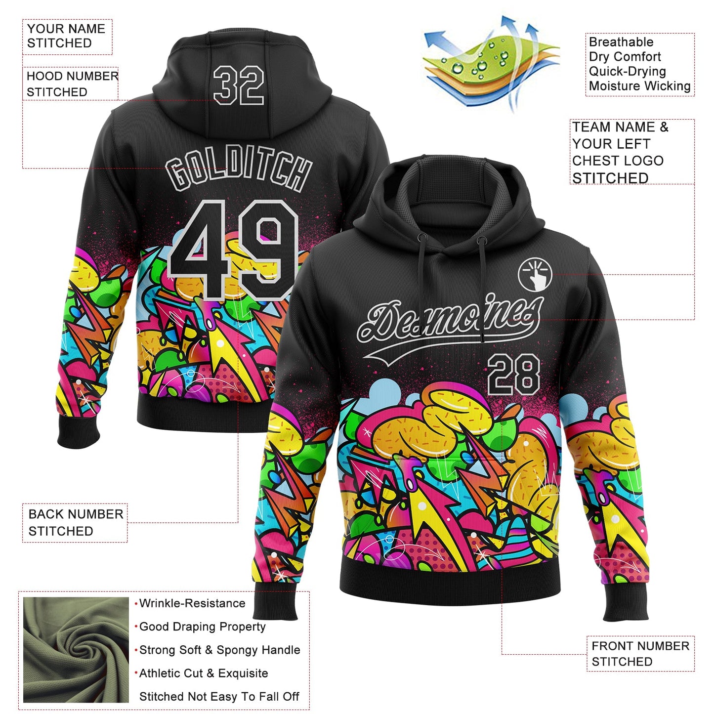 Custom Stitched Black White 3D Graffiti Splash Street Art Sports Pullover Sweatshirt Hoodie view 2