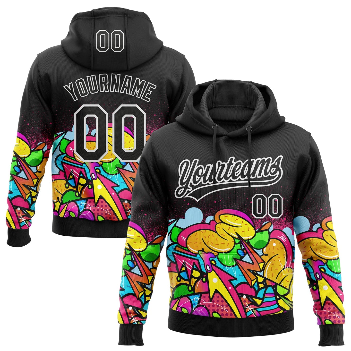 Custom Stitched Black White 3D Graffiti Splash Street Art Sports Pullover Sweatshirt Hoodie - Main View