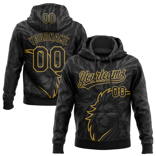 Custom Stitched Black Gray-Old Gold 3D Pattern Design Animal Lion Sports Pullover Sweatshirt Hoodie - Main View