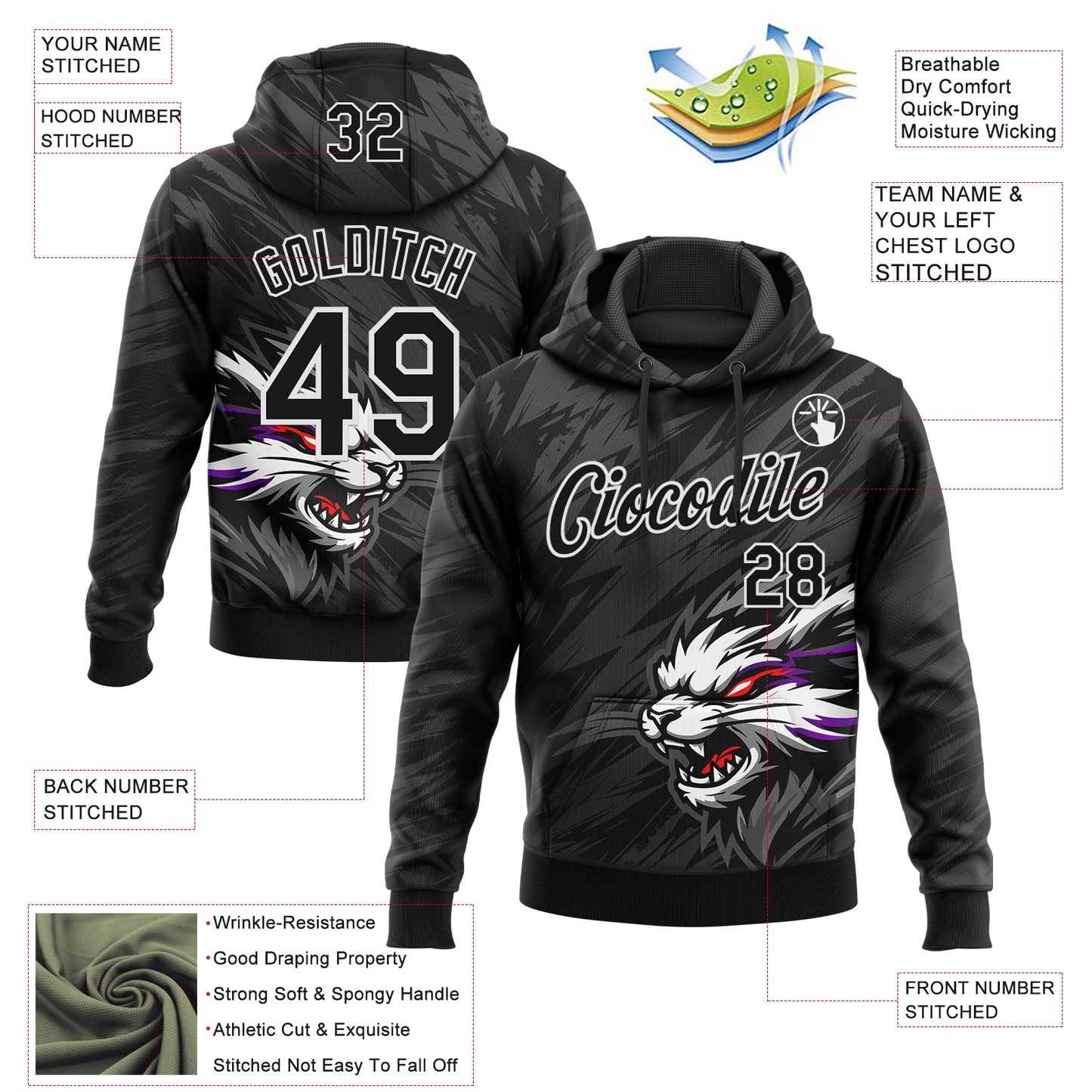Custom Stitched Black Gray-White 3D Pattern Design Animal Wolf Sports Pullover Sweatshirt Hoodie view 2