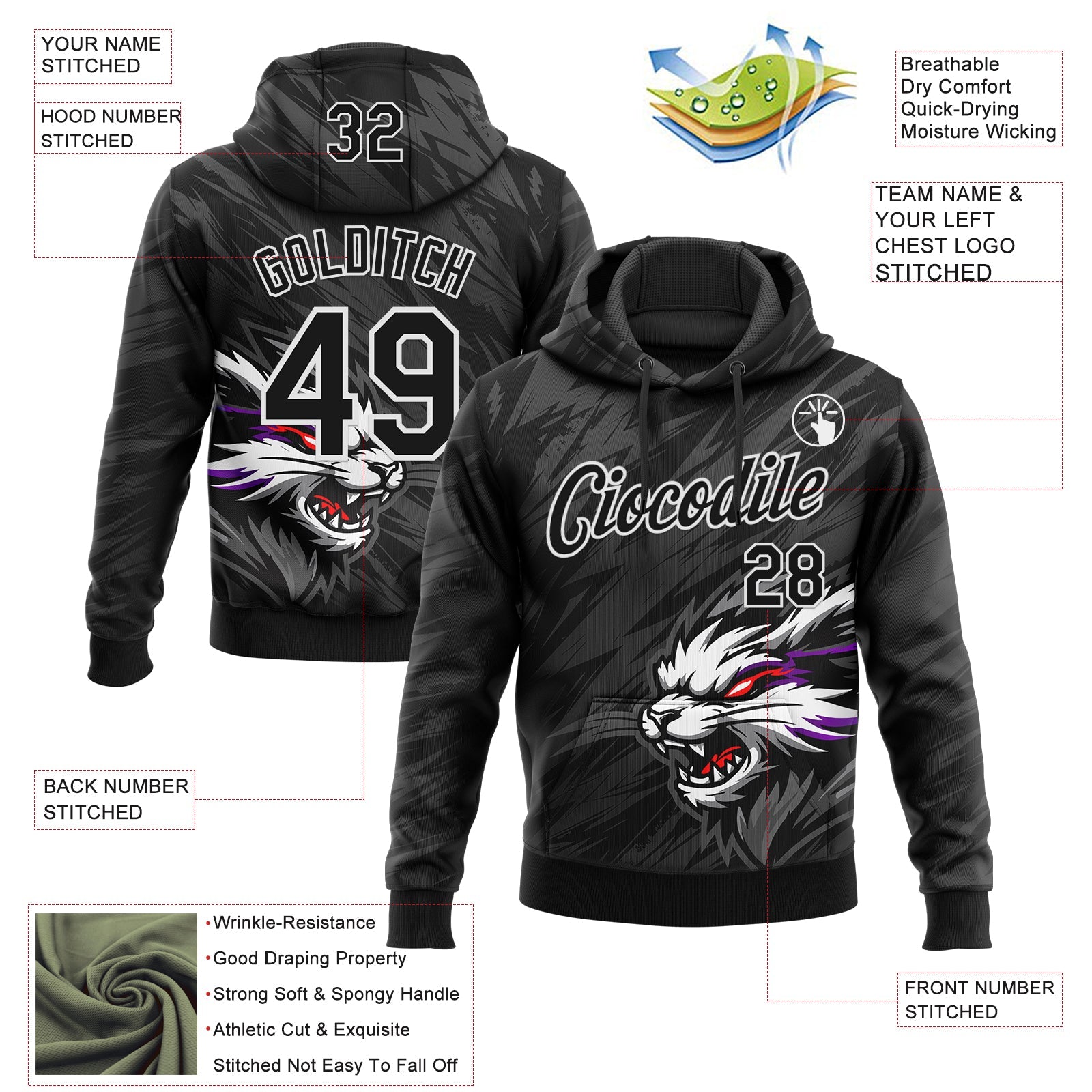 Custom Stitched Black Gray-White 3D Pattern Design Animal Wolf Sports Pullover Sweatshirt Hoodie view 2