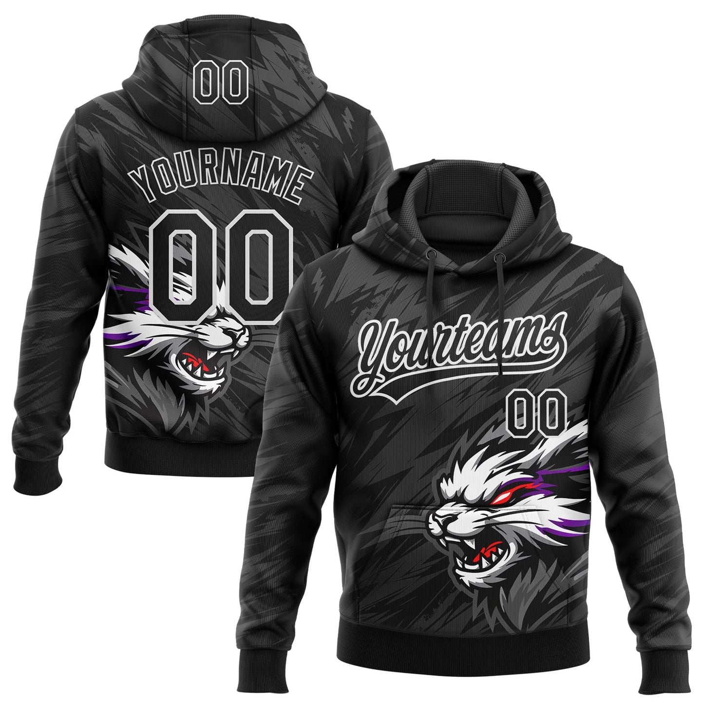 Custom Stitched Black Gray-White 3D Pattern Design Animal Wolf Sports Pullover Sweatshirt Hoodie - Main View