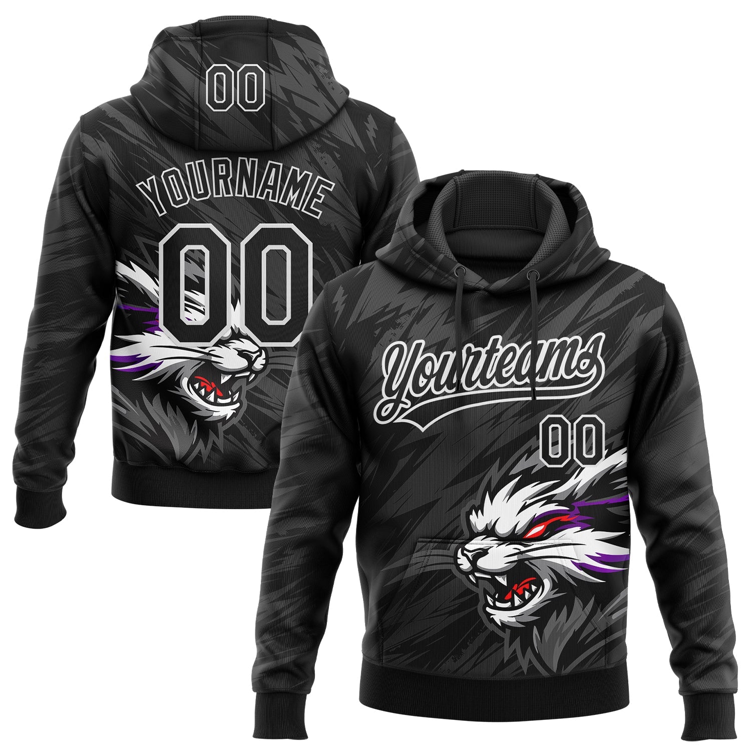 Custom Stitched Black Gray-White 3D Pattern Design Animal Wolf Sports Pullover Sweatshirt Hoodie - Main View