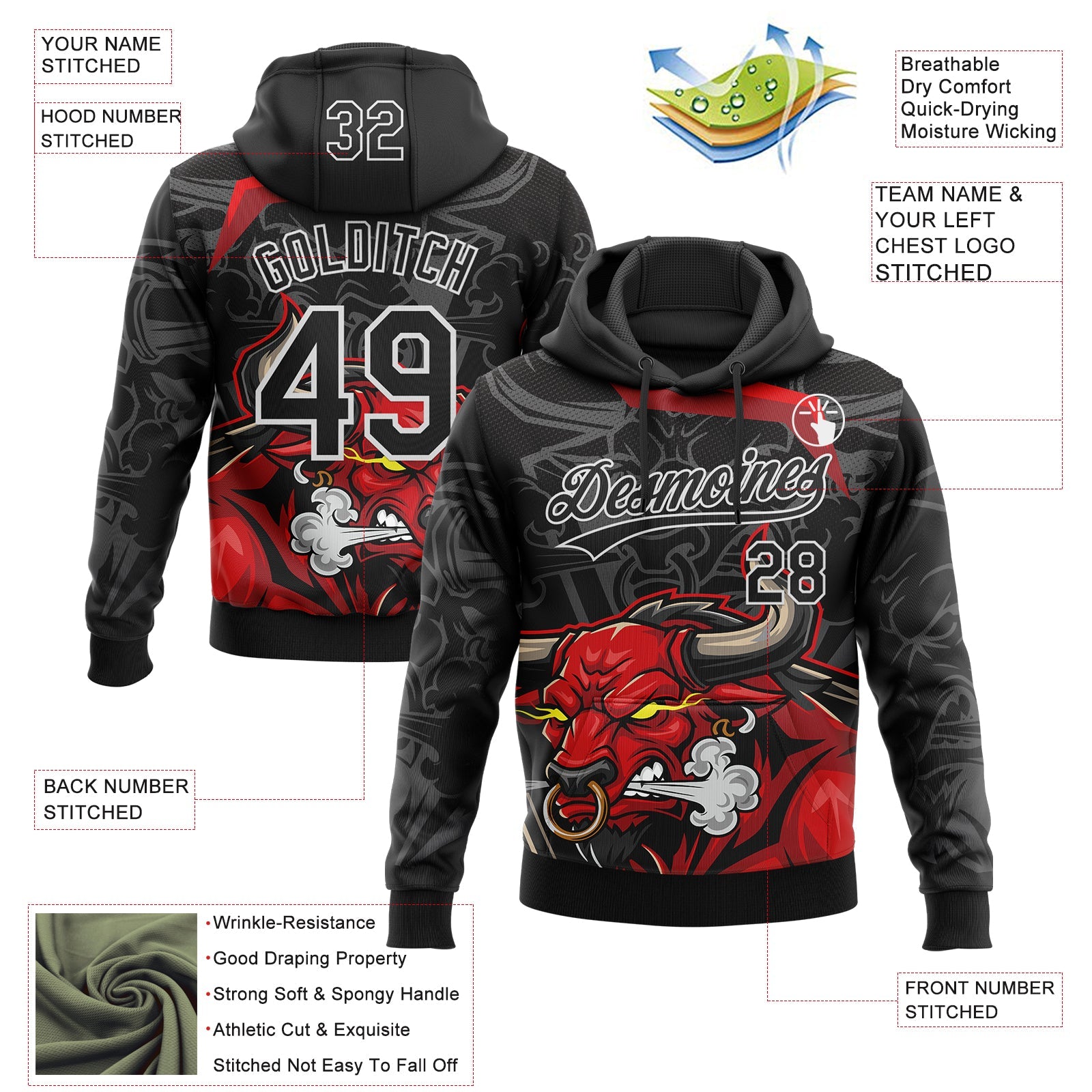Custom Stitched Black Gray Red-White 3D Pattern Design Animal Bull Sports Pullover Sweatshirt Hoodie view 2
