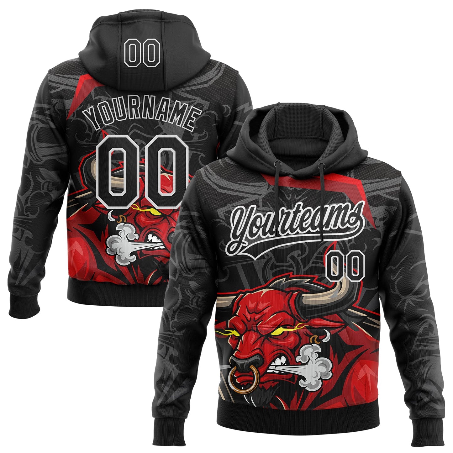 Custom Stitched Black Gray Red-White 3D Pattern Design Animal Bull Sports Pullover Sweatshirt Hoodie - Main View