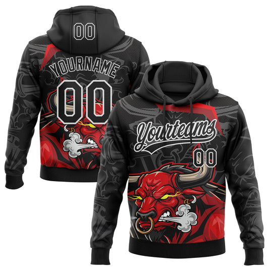 Custom Stitched Black Gray Red-White 3D Pattern Design Animal Bull Sports Pullover Sweatshirt Hoodie - Main View