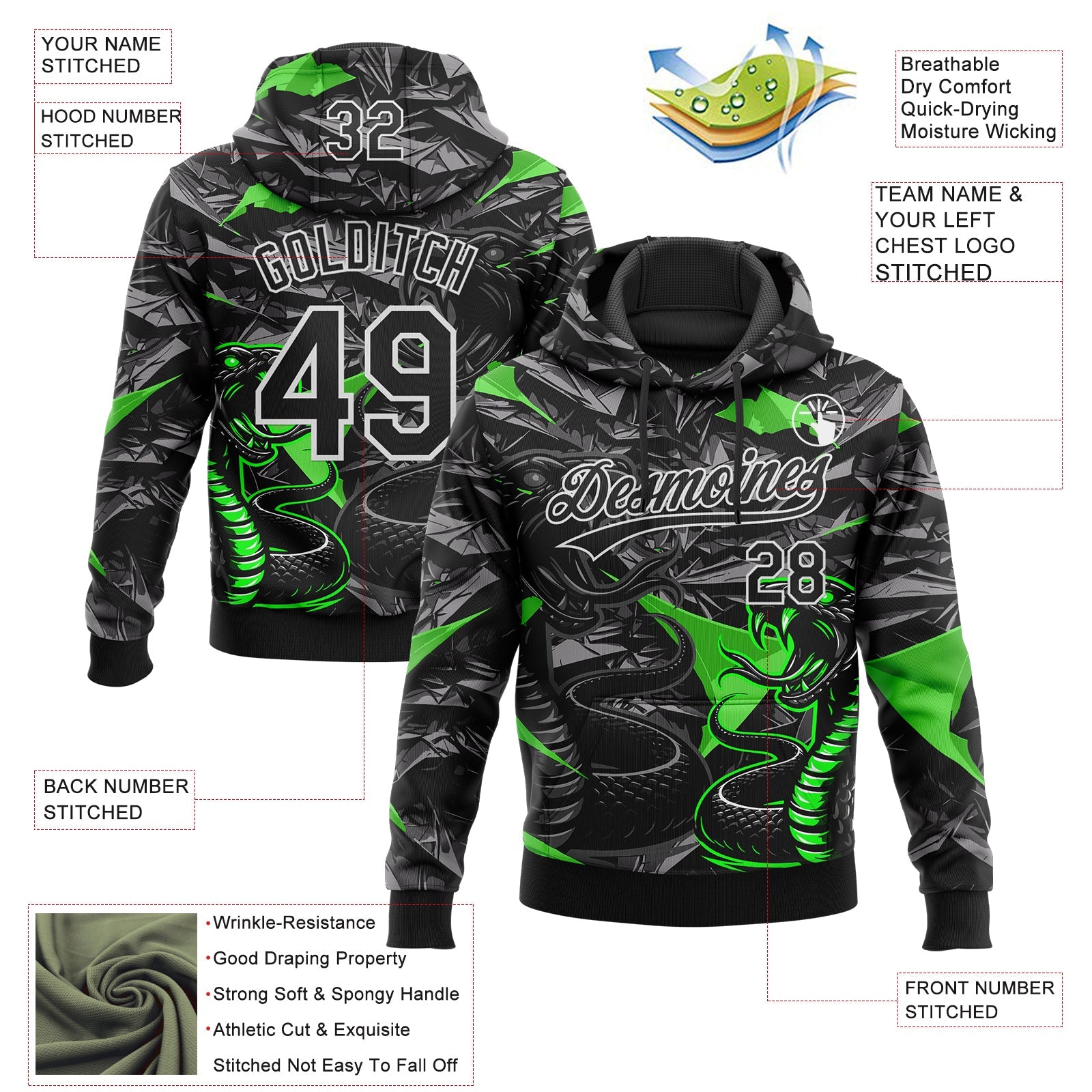 Custom Stitched Black Gray Green-White 3D Pattern Design Animal Snake Sports Pullover Sweatshirt Hoodie view 2