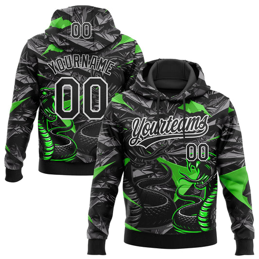 Custom Stitched Black Gray Green-White 3D Pattern Design Animal Snake Sports Pullover Sweatshirt Hoodie - Main View