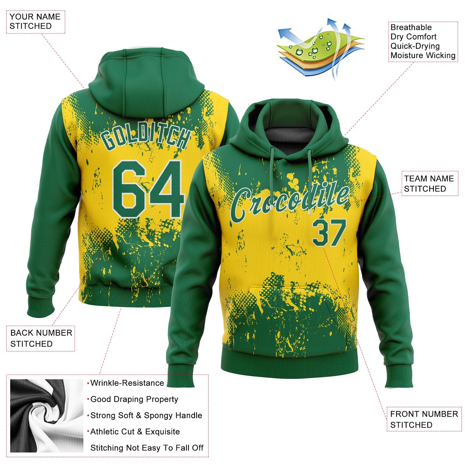 Custom Stitched Gold Kelly Green-White 3D Pattern Design Sports Pullover Sweatshirt Hoodie view 2