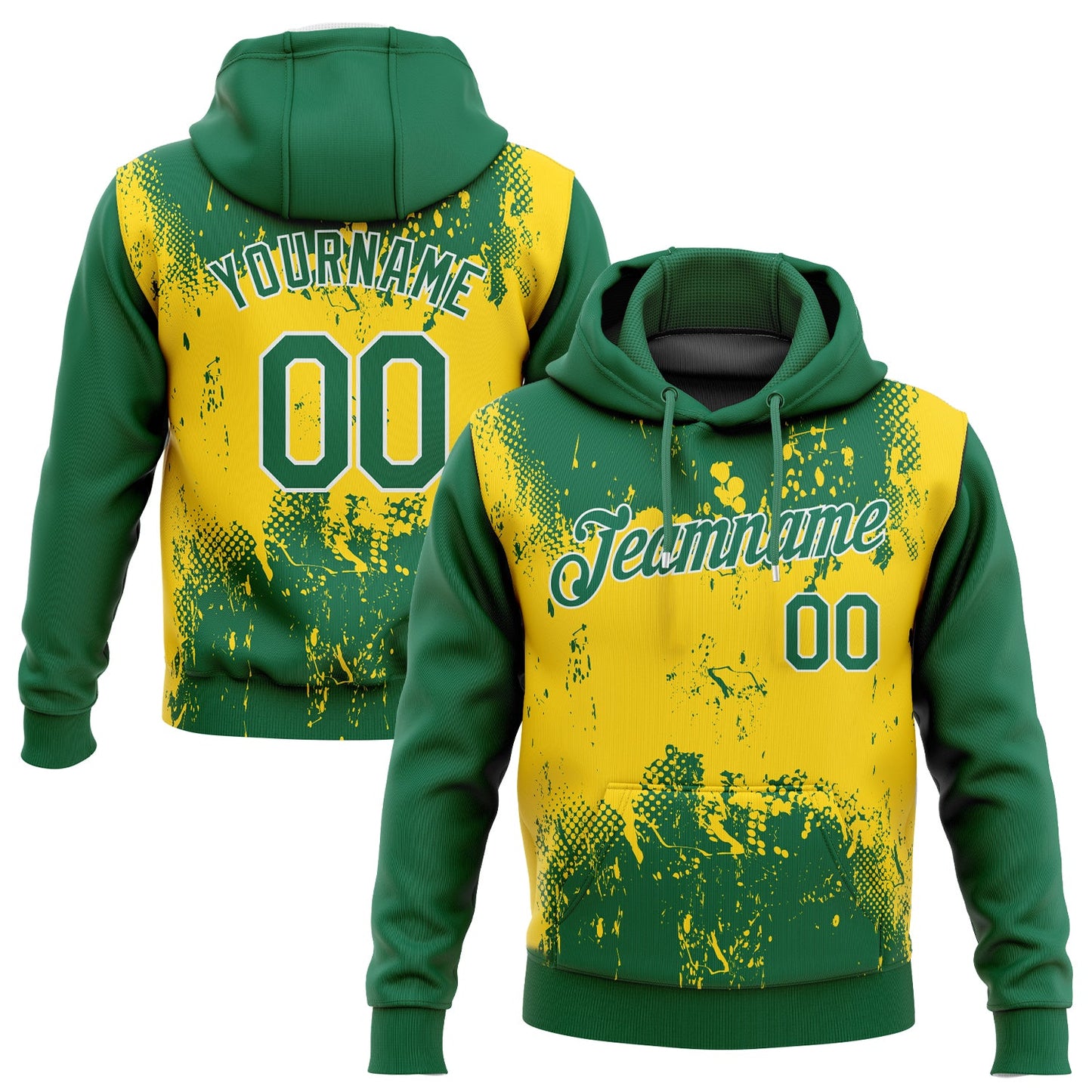 Custom Stitched Gold Kelly Green-White 3D Pattern Design Sports Pullover Sweatshirt Hoodie - Main View