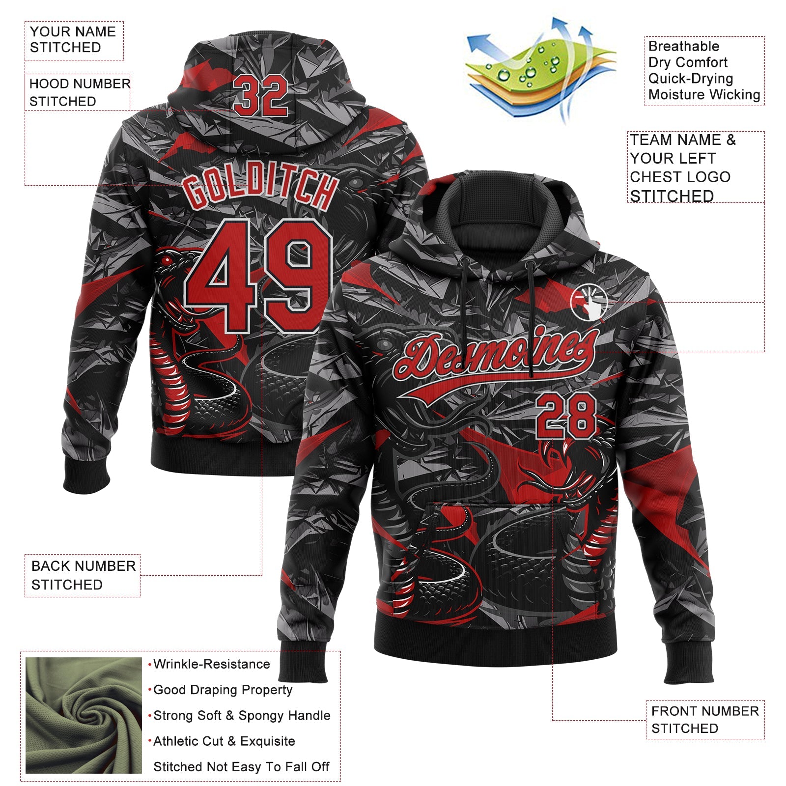 Custom Stitched Black Red Gray-White 3D Pattern Design Animal Snake Sports Pullover Sweatshirt Hoodie view 2