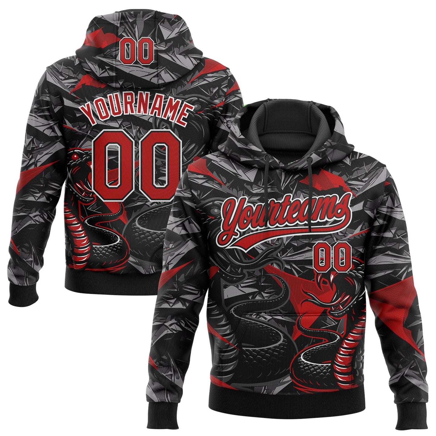 Custom Stitched Black Red Gray-White 3D Pattern Design Animal Snake Sports Pullover Sweatshirt Hoodie - Main View