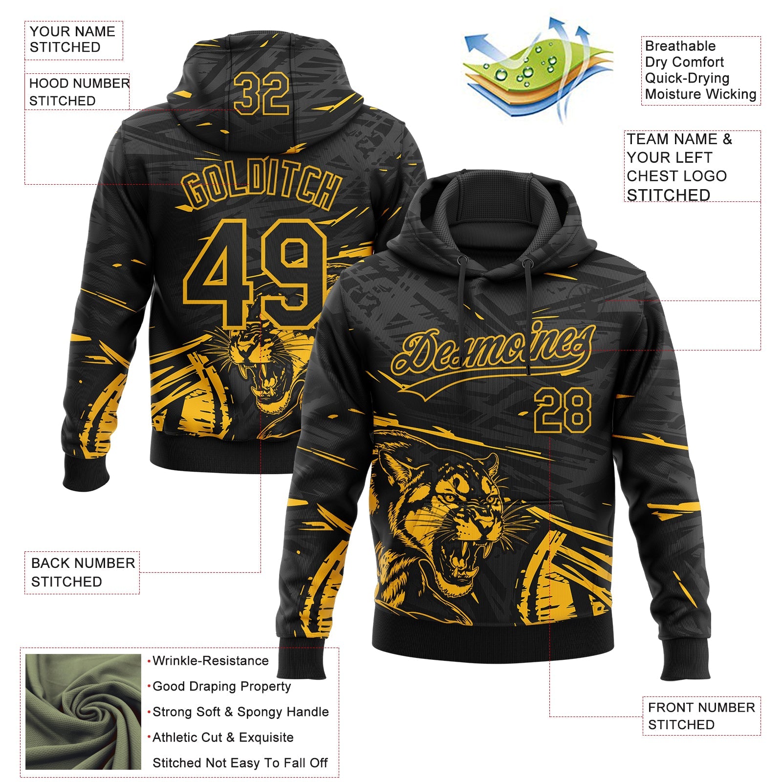 Custom Stitched Black Gold-Gray 3D Pattern Design Animal Tiger Sports Pullover Sweatshirt Hoodie view 2