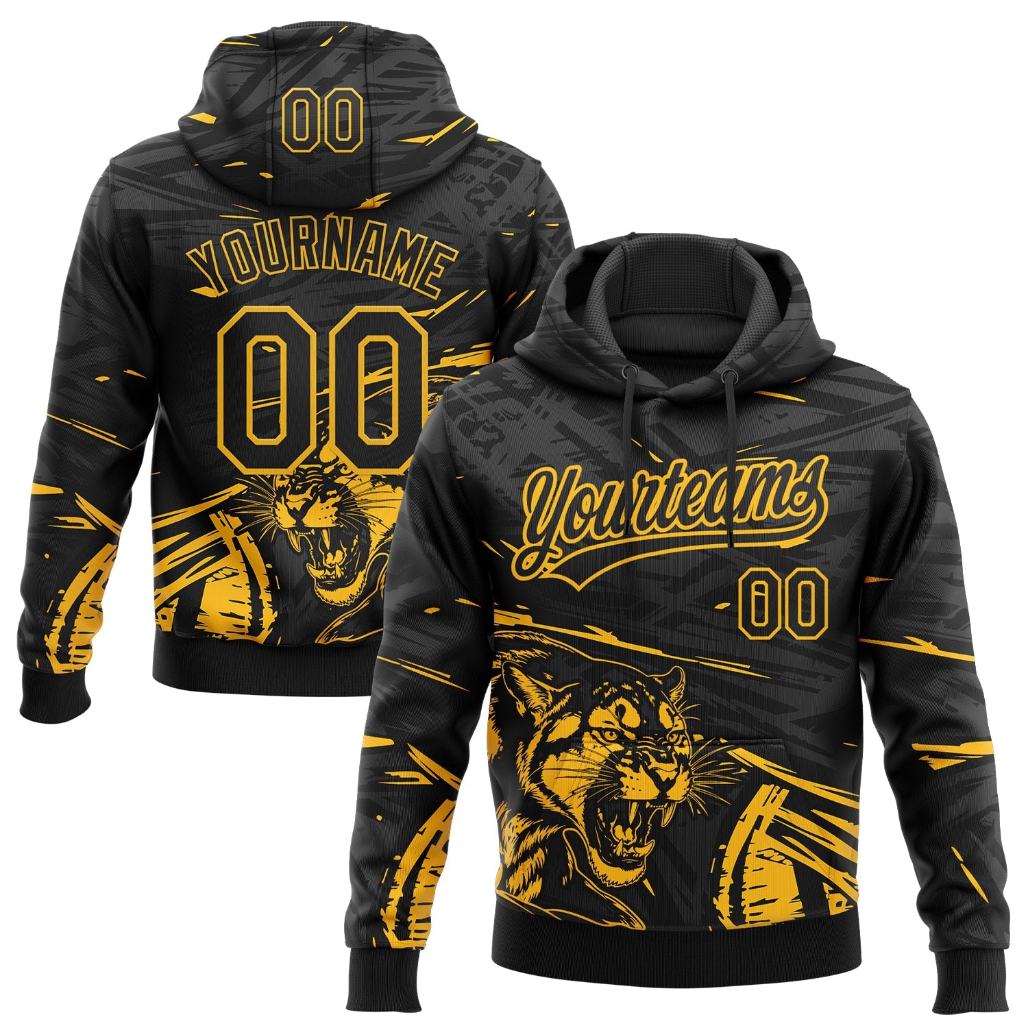 Custom Stitched Black Gold-Gray 3D Pattern Design Animal Tiger Sports Pullover Sweatshirt Hoodie - Main View