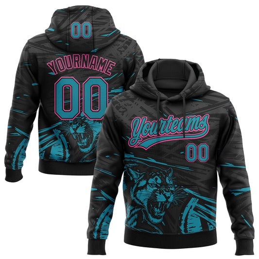 Custom Stitched Black Teal-Pink 3D Pattern Design Animal Tiger Sports Pullover Sweatshirt Hoodie - Main View