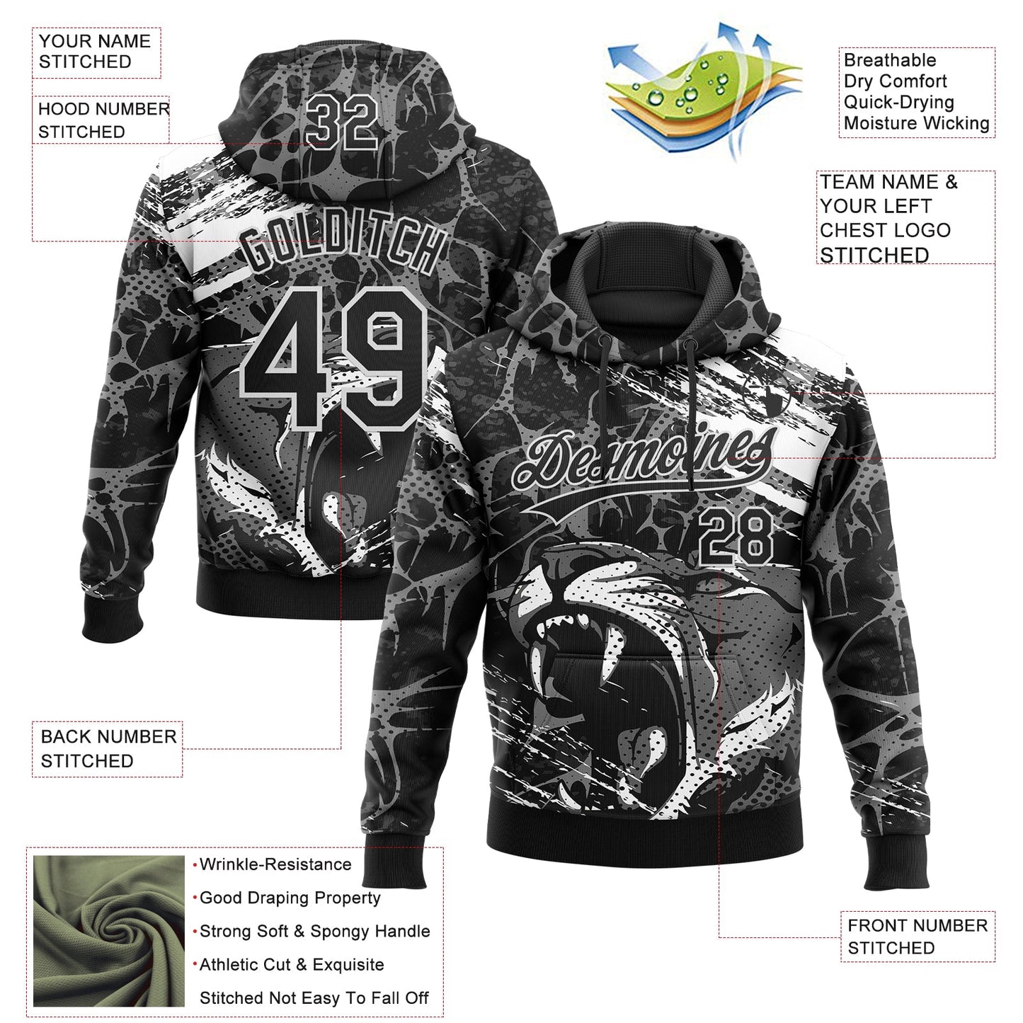 Custom Stitched Black Gray-White 3D Pattern Design Animal Tiger Sports Pullover Sweatshirt Hoodie view 2