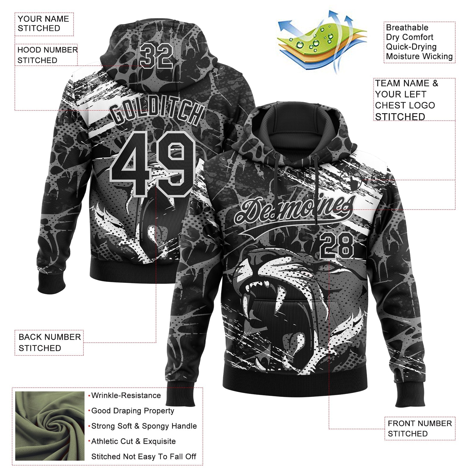 Custom Stitched Black Gray-White 3D Pattern Design Animal Tiger Sports Pullover Sweatshirt Hoodie view 2