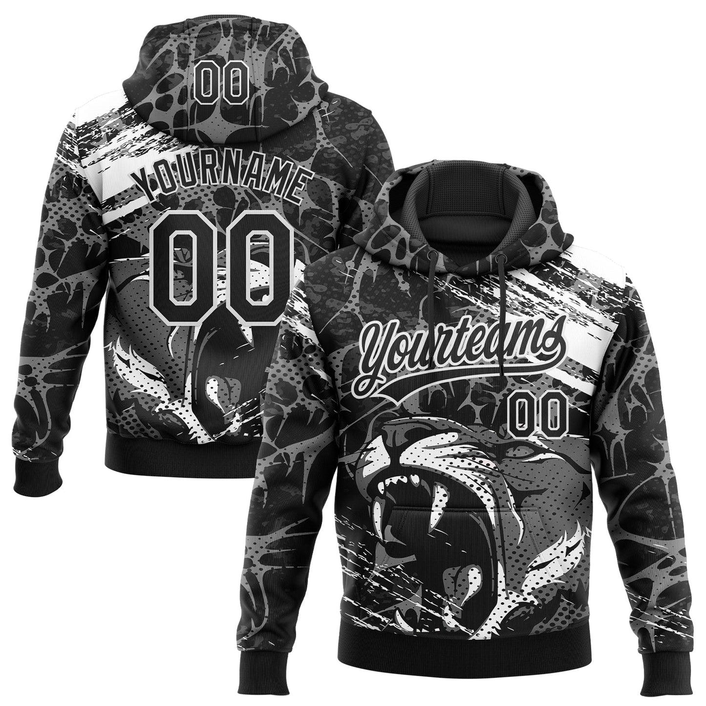 Custom Stitched Black Gray-White 3D Pattern Design Animal Tiger Sports Pullover Sweatshirt Hoodie - Main View