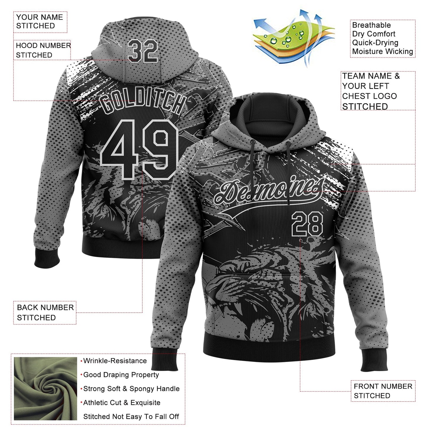 Custom Stitched Gray Black-White 3D Pattern Design Animal Tiger Sports Pullover Sweatshirt Hoodie view 2
